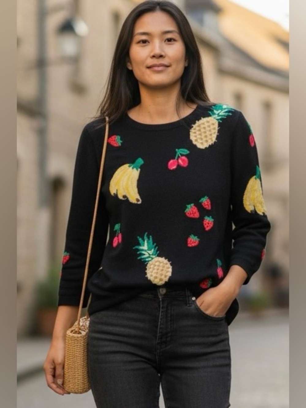 Talbots sweater, size L petite, embellished fruit detail, excellent condition